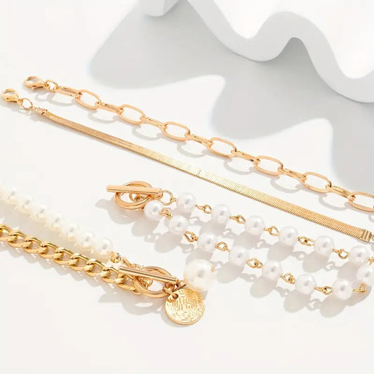 4-Piece Bracelet Set – Snake, Pearls & Links | Gold