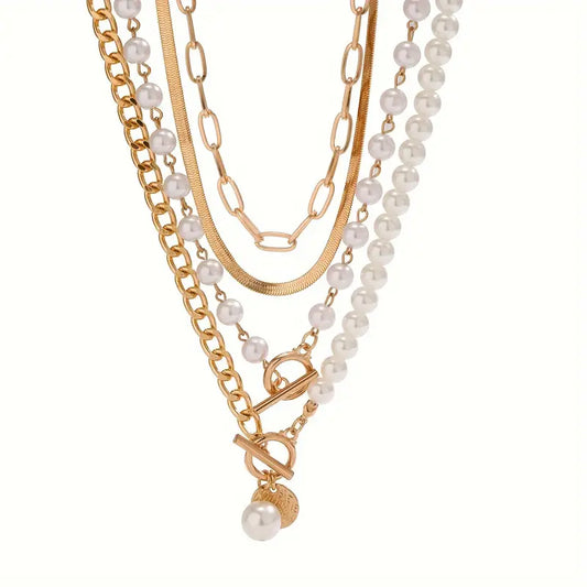 Vintage Snake Chain & Pearl Necklace Set | Gold