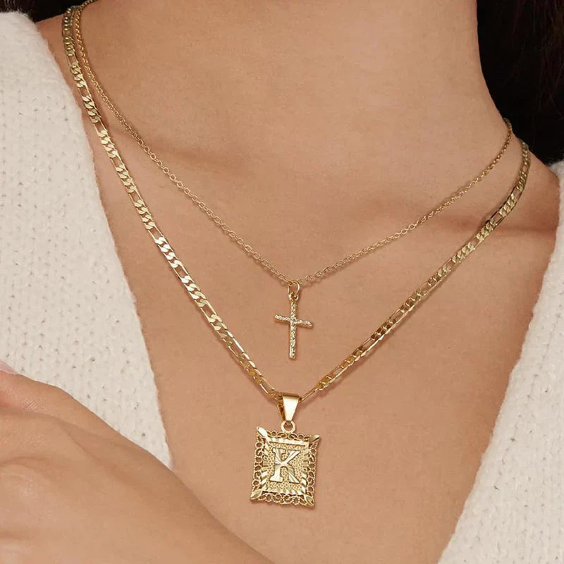 Initial Cross Necklace Set | Gold