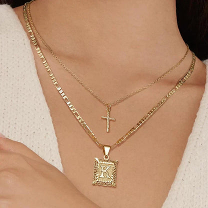 Initial Cross Necklace Set | Gold