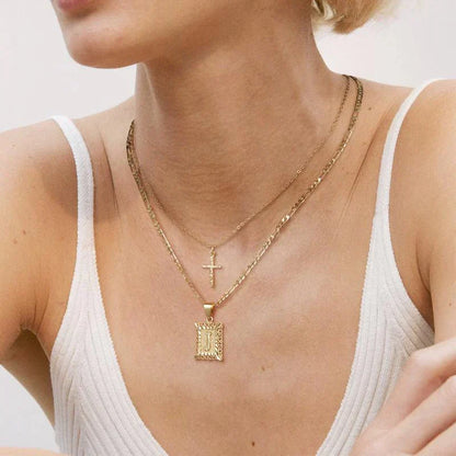 Gold Initial & Cross Necklace Set