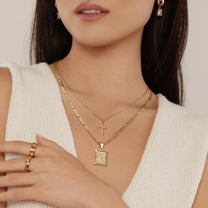 Gold Initial & Cross Necklace Set