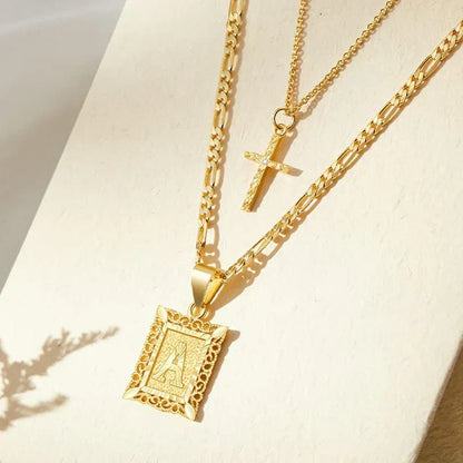 Gold Initial & Cross Necklace Set