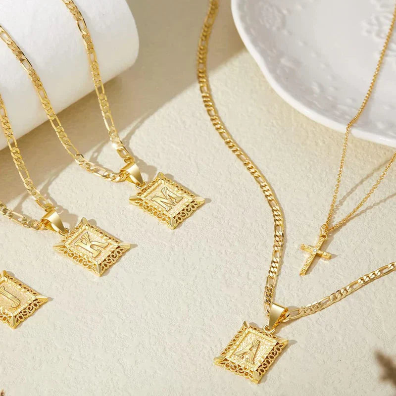 Gold Initial & Cross Necklace Set