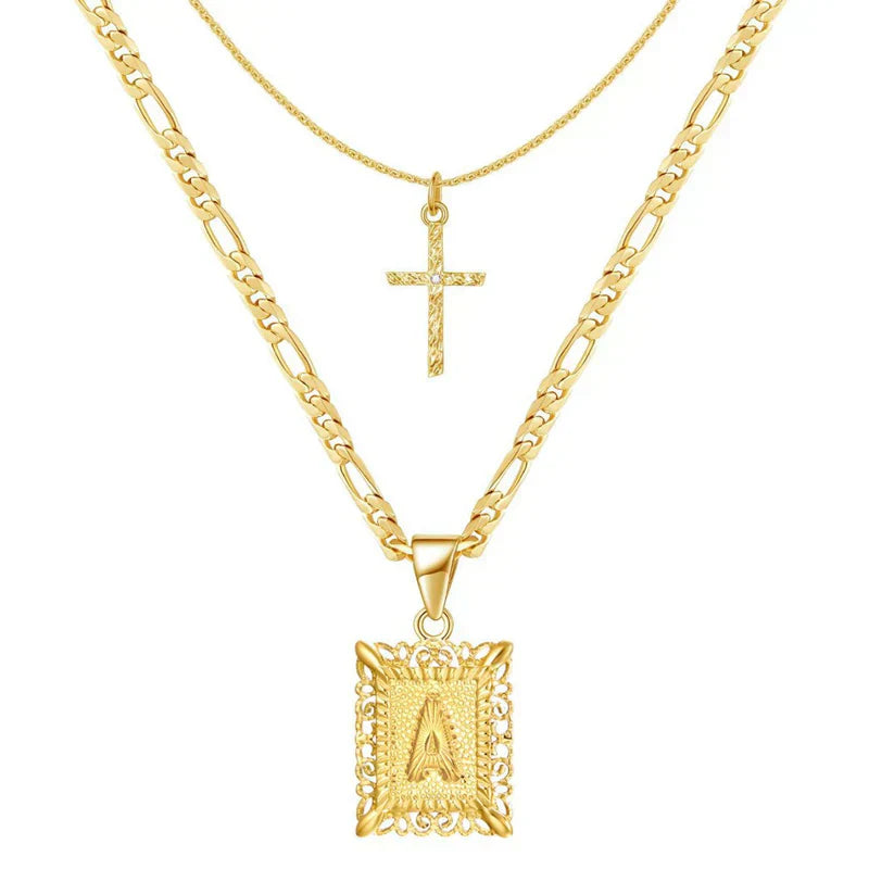 Gold Initial & Cross Necklace Set