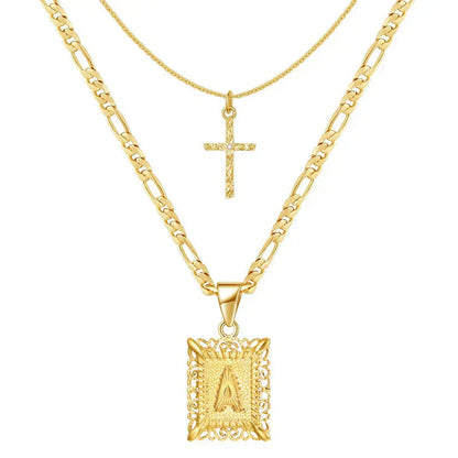 Gold Initial & Cross Necklace Set