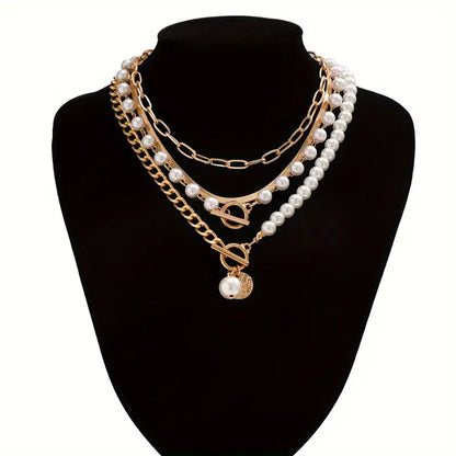 Vintage Snake Chain & Pearl Necklace Set | Gold
