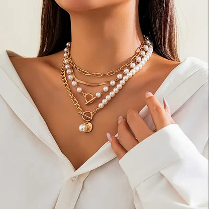 Vintage Snake Chain & Pearl Necklace Set | Gold