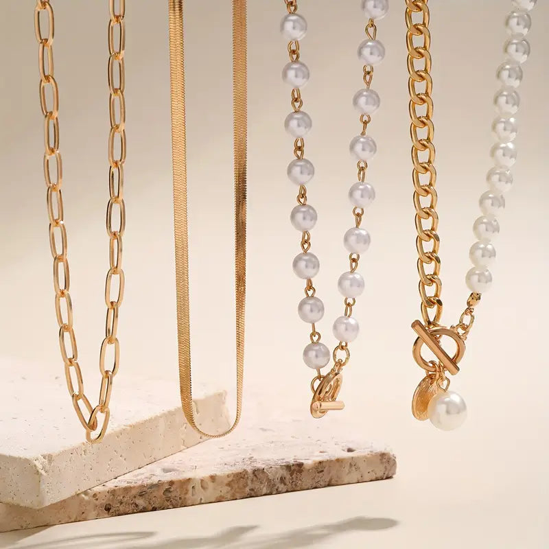 Vintage Snake Chain & Pearl Necklace Set | Gold