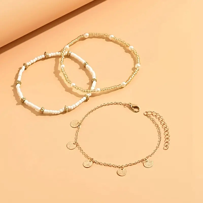 3-Piece Sea & Gold Anklet Set | Gold