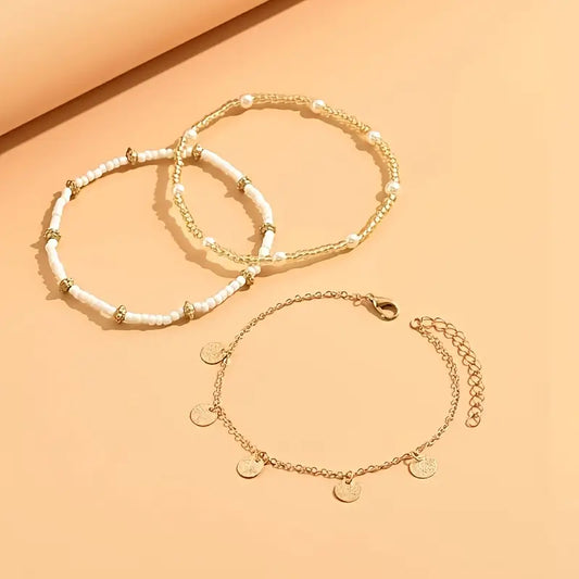 3-Piece Sea & Gold Anklet Set | Gold