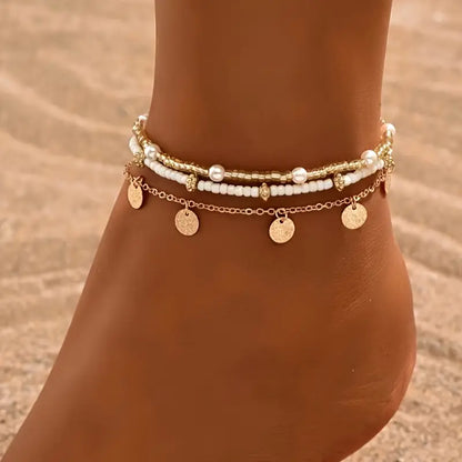3-Piece Sea & Gold Anklet Set | Gold