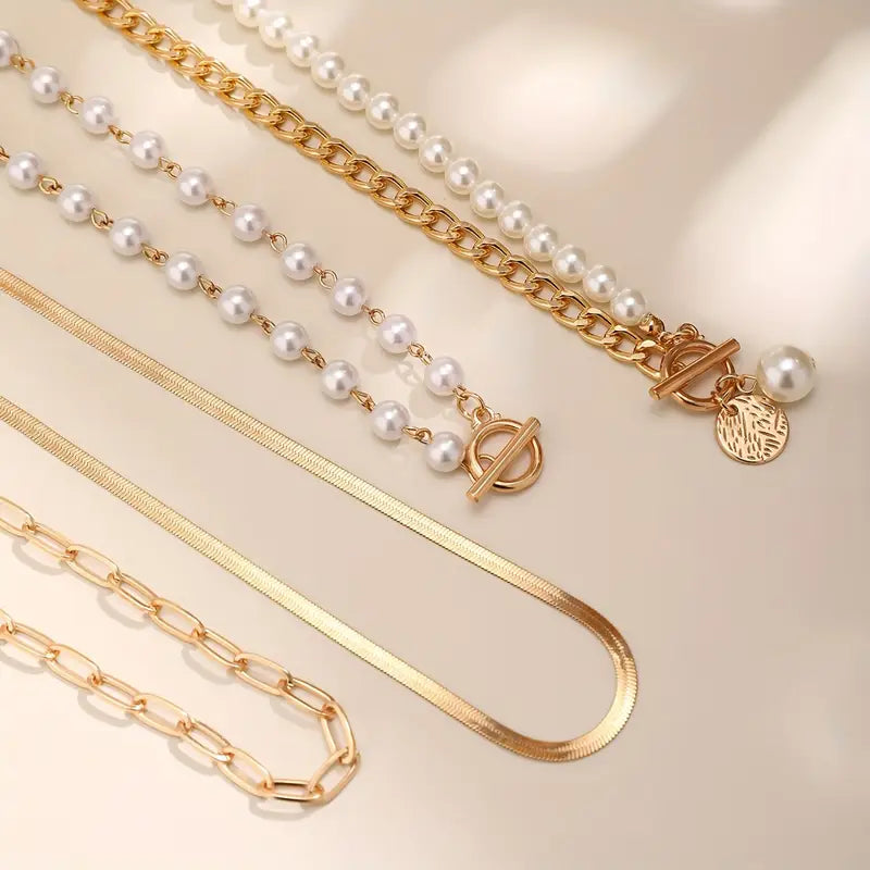 Vintage Snake Chain & Pearl Necklace Set | Gold