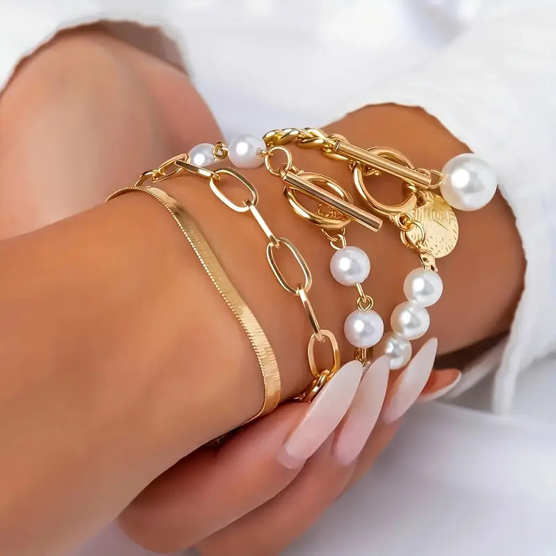 4-Piece Bracelet Set – Snake, Pearls & Links | Gold