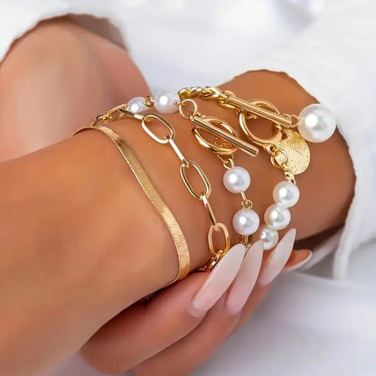 4-Piece Bracelet Set – Snake, Pearls & Links | Gold
