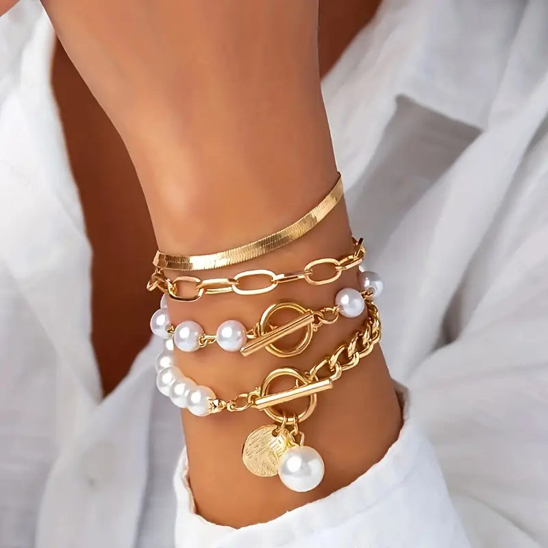 4-Piece Bracelet Set – Snake, Pearls & Links | Gold