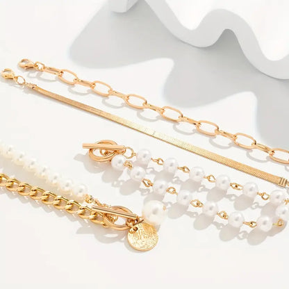 4-Piece Bracelet Set – Snake, Pearls & Links | Gold
