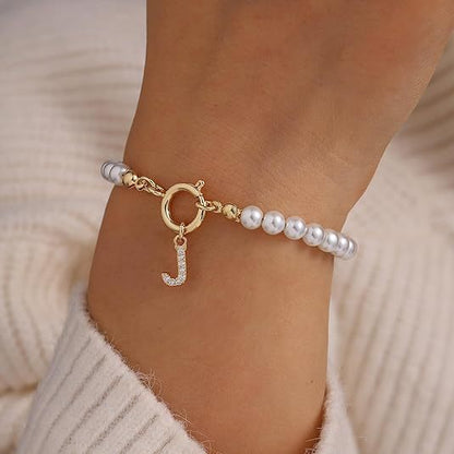 Gold Pearl & Letter Bracelet