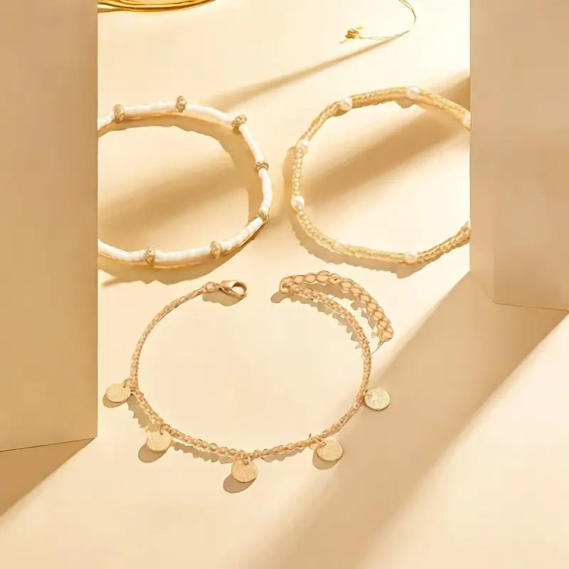 3-Piece Sea & Gold Anklet Set | Gold