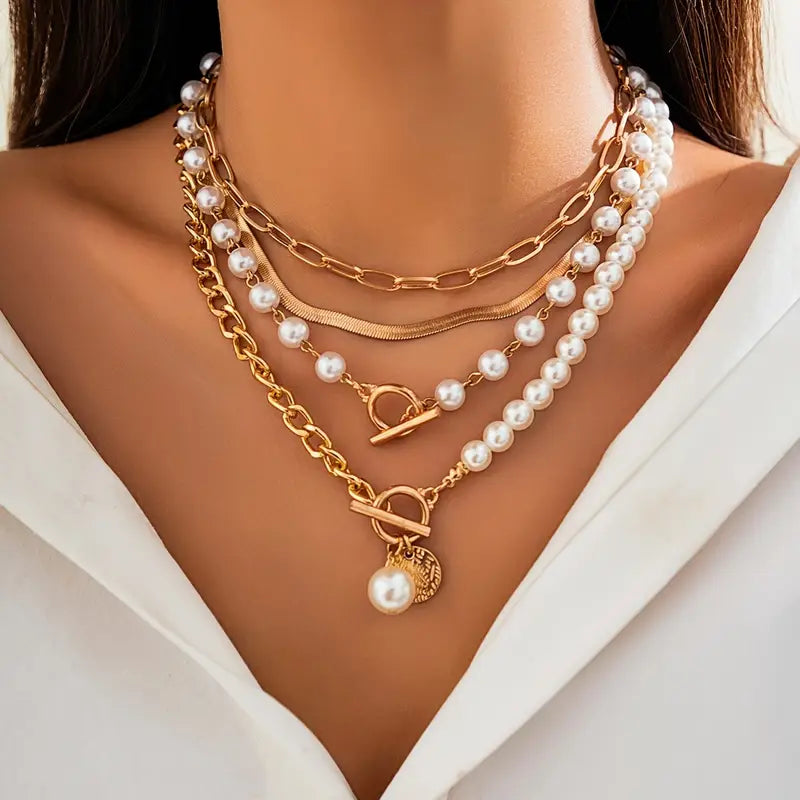 Vintage Snake Chain & Pearl Necklace Set | Gold