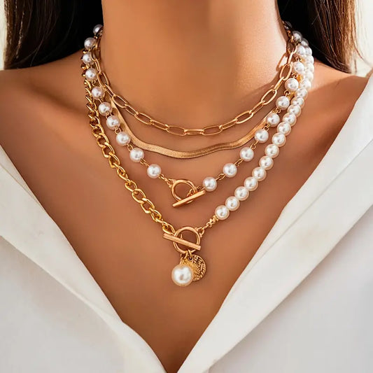 Vintage Snake Chain & Pearl Necklace Set | Gold