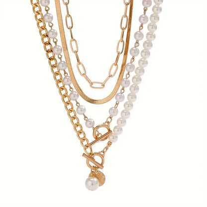 Vintage Snake Chain & Pearl Necklace Set | Gold