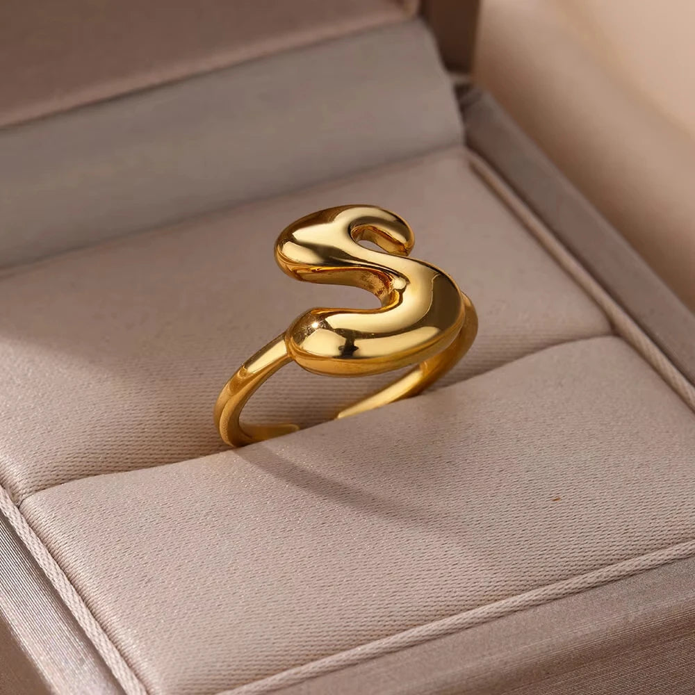 Personalised Gold Bubble Letter Ring (Adjustable)