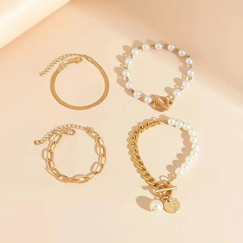 4-Piece Bracelet Set – Snake, Pearls & Links | Gold
