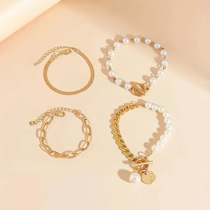 4-Piece Bracelet Set – Snake, Pearls & Links | Gold