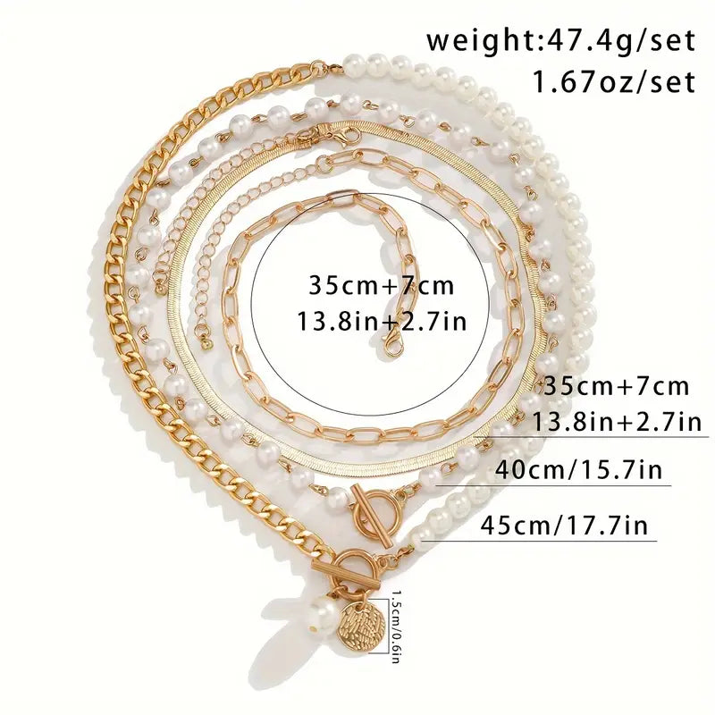 Vintage Snake Chain & Pearl Necklace Set | Gold