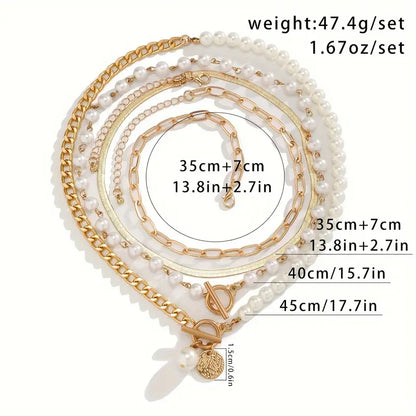 Vintage Snake Chain & Pearl Necklace Set | Gold
