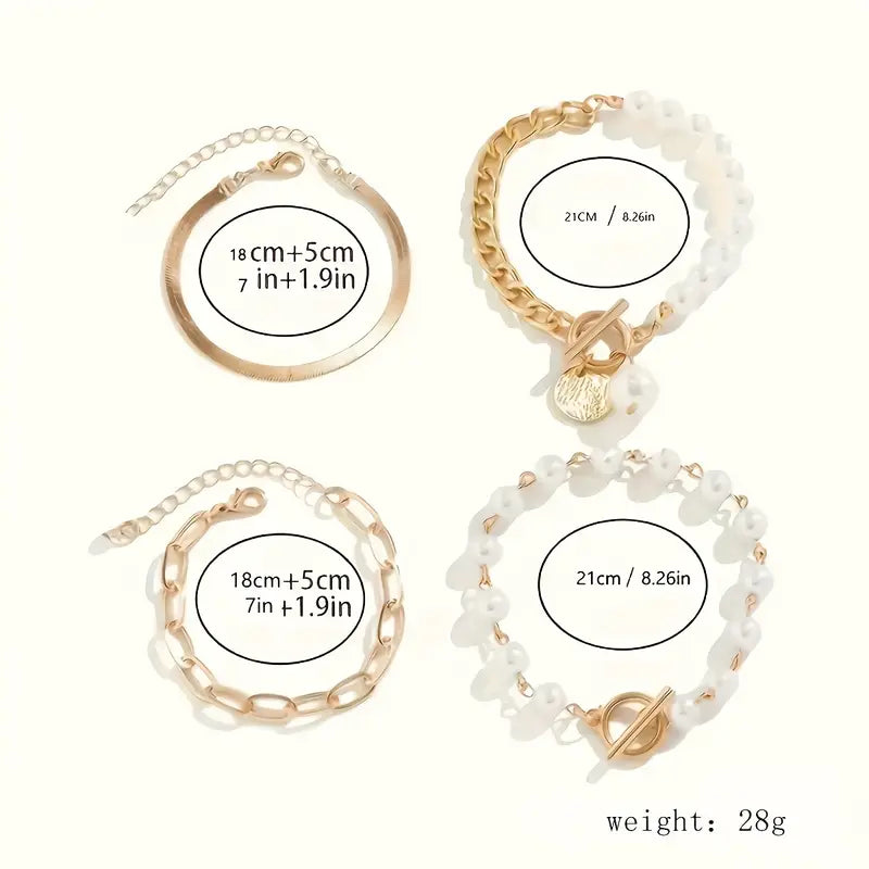 4-Piece Bracelet Set – Snake, Pearls & Links | Gold