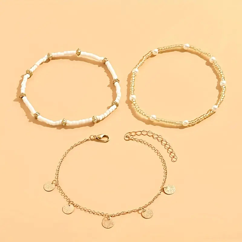 3-Piece Sea & Gold Anklet Set | Gold
